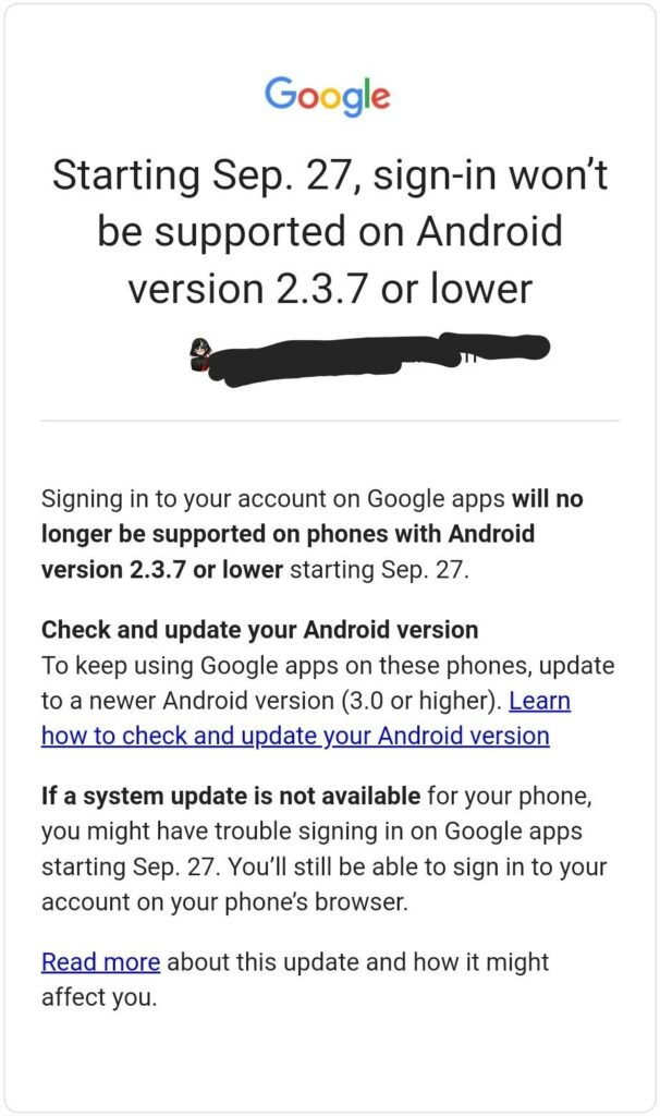 Android Gingerbread loses google support