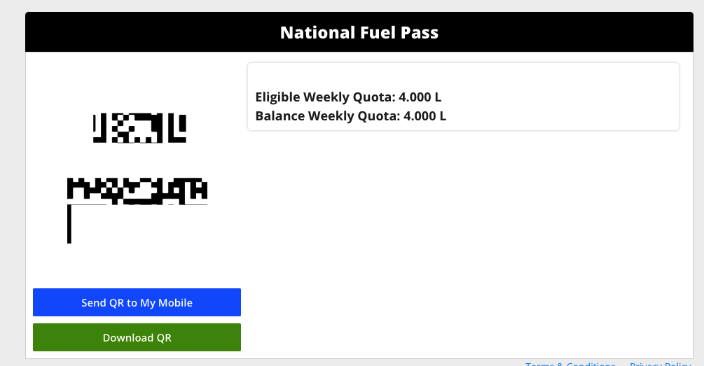 Weekly fuel Quota for National Fuel Pass