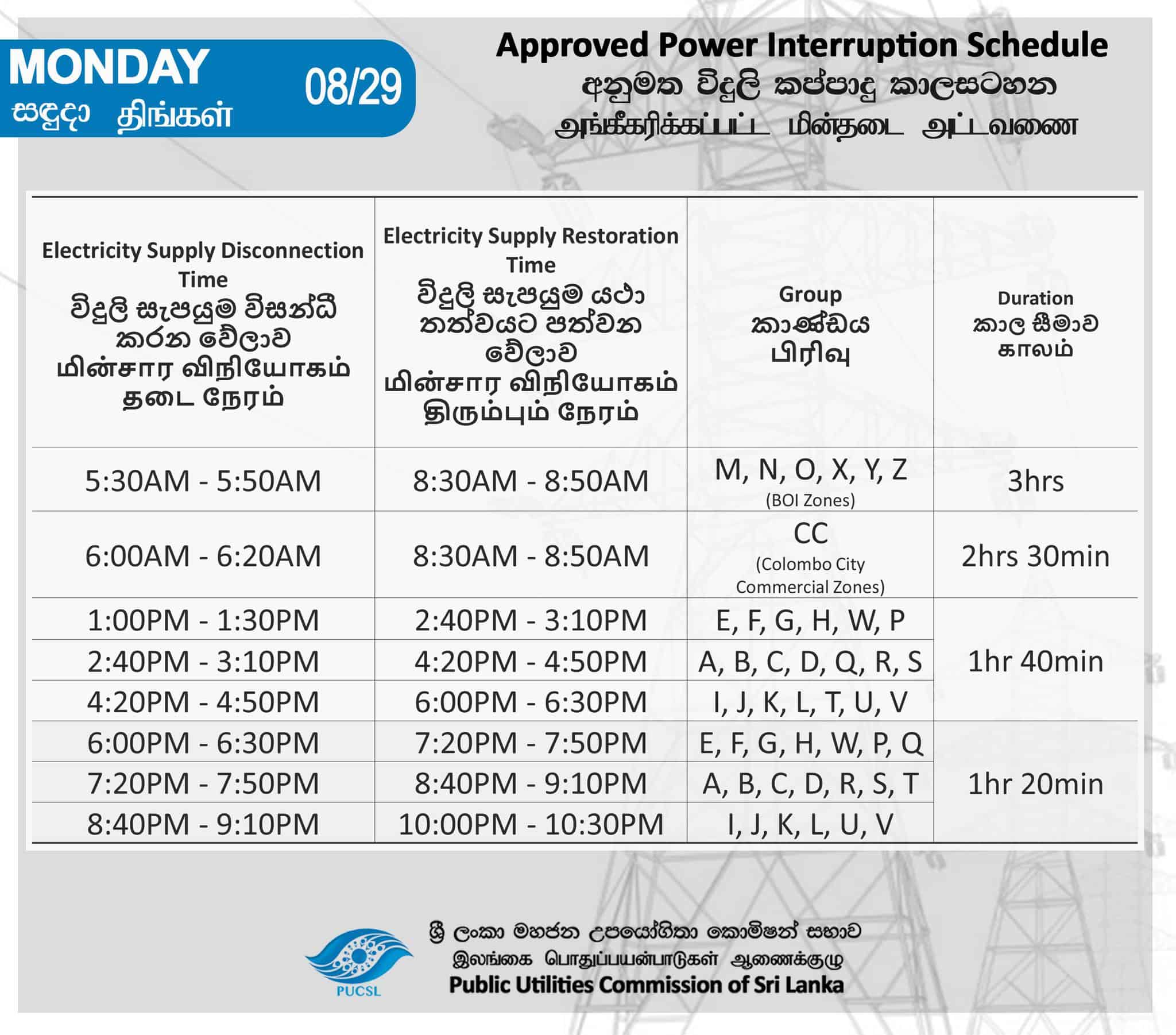 CEB Power Cut Schedule - 29th August 2022