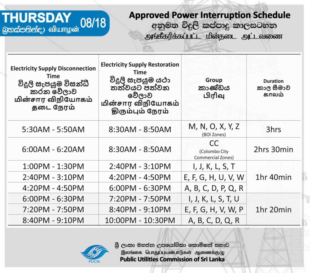CEB Power Cut Schedule Today - 18th August 2022