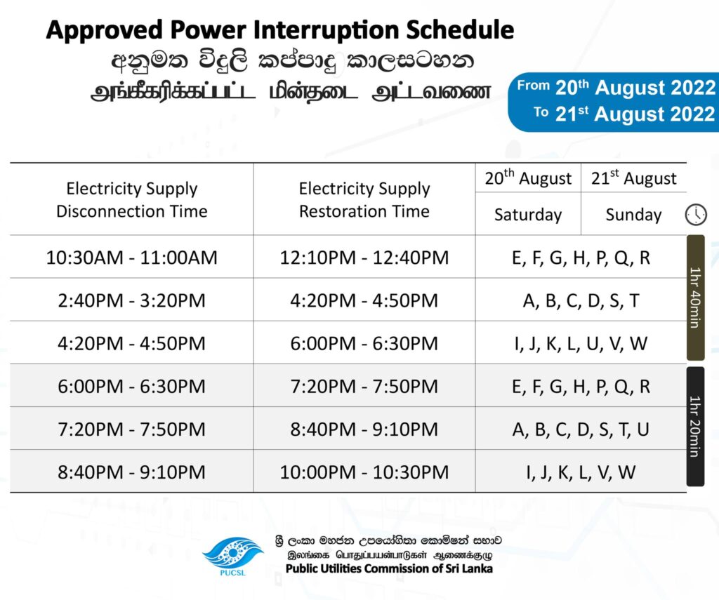 CEB Power Cut Schedule Today - 20th August 2022