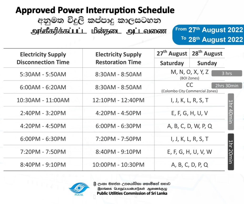 CEB Power Cut Schedule Today - 27th August 2022