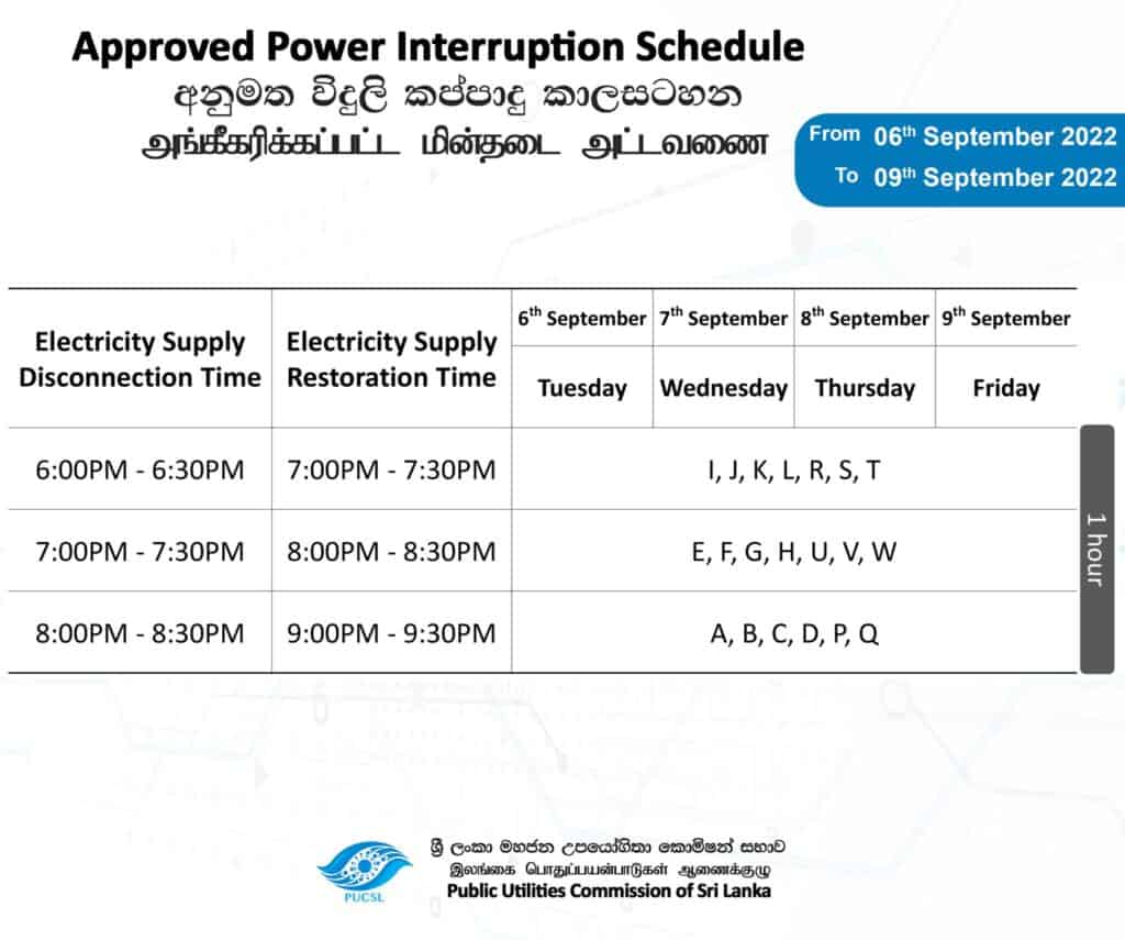 CEB Power Cut Schedule - 06th September 2022